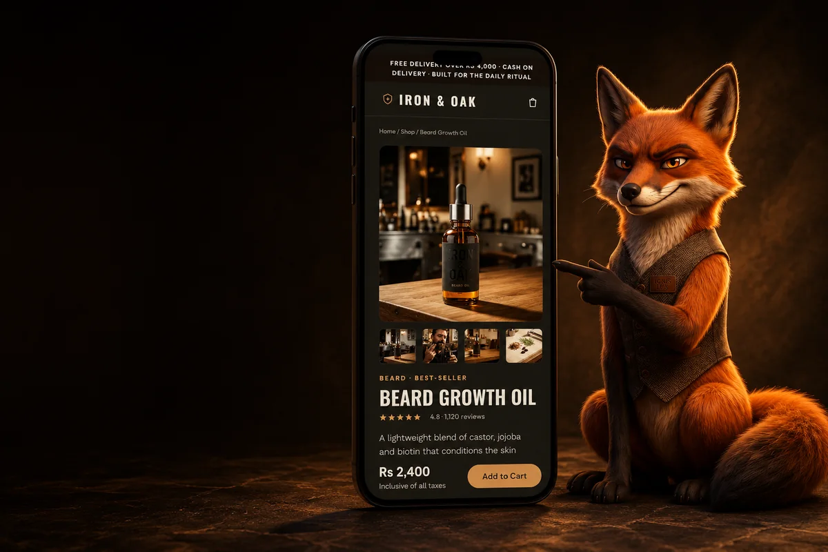 Foxfora fox mascot pointing at a product page on a phone