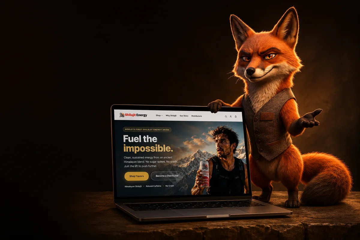 Foxfora fox mascot presenting a premium ecommerce store