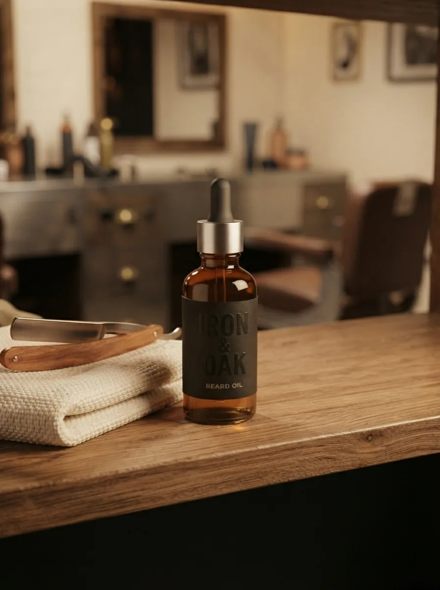 IRON & OAK Beard Growth Oil on an oak shelf