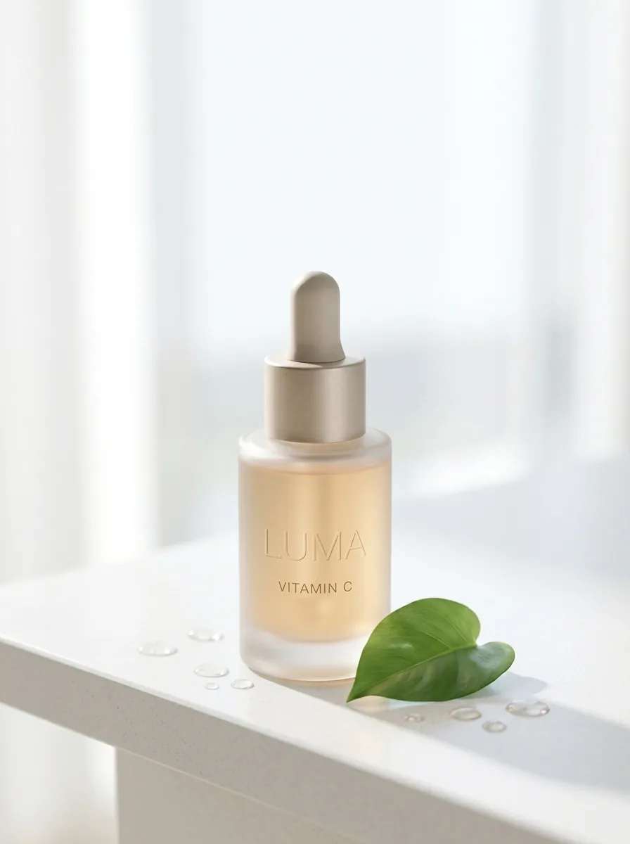 LUMA Vitamin C serum on a bright bathroom shelf