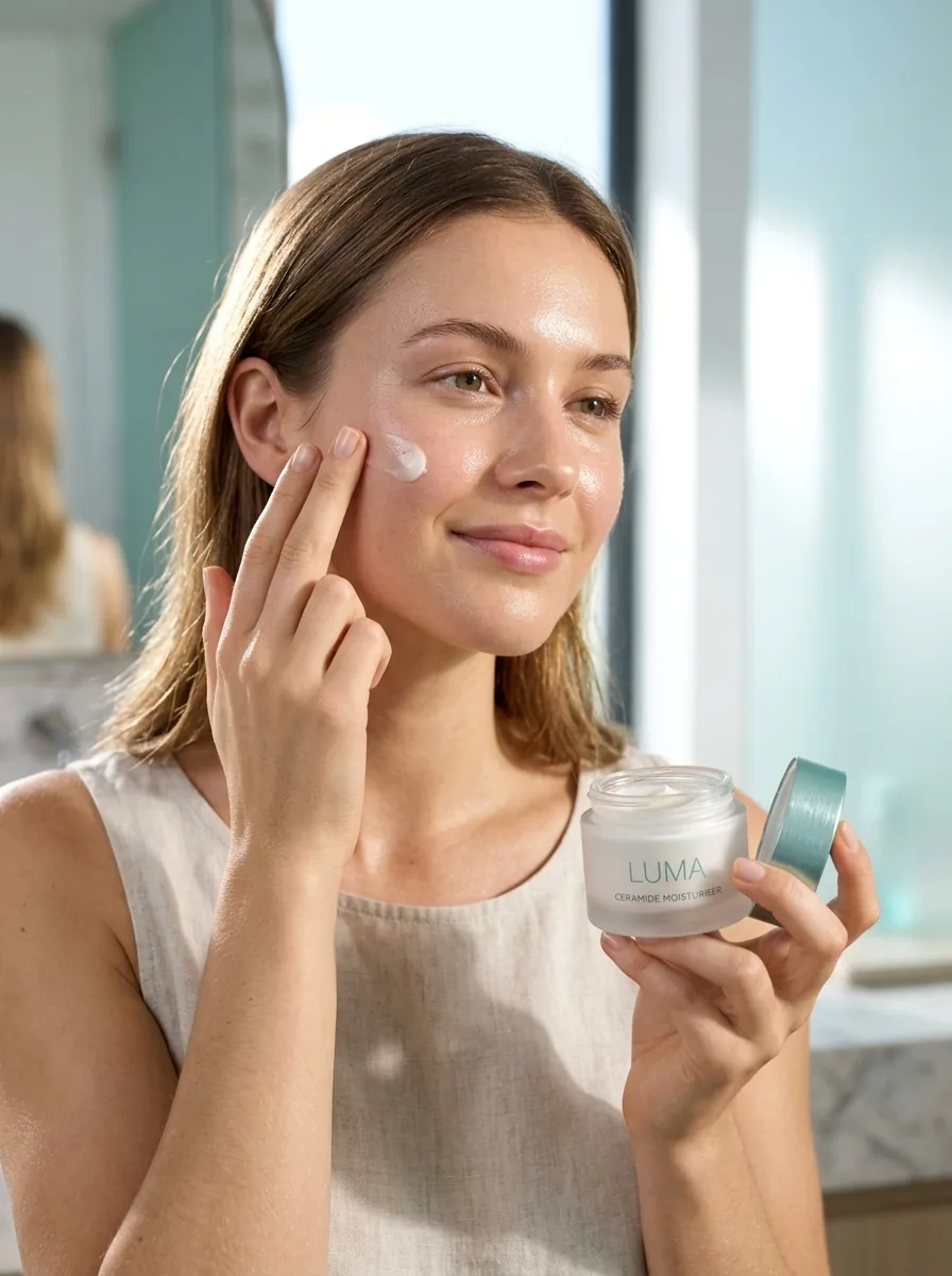 Applying LUMA Ceramide moisturiser