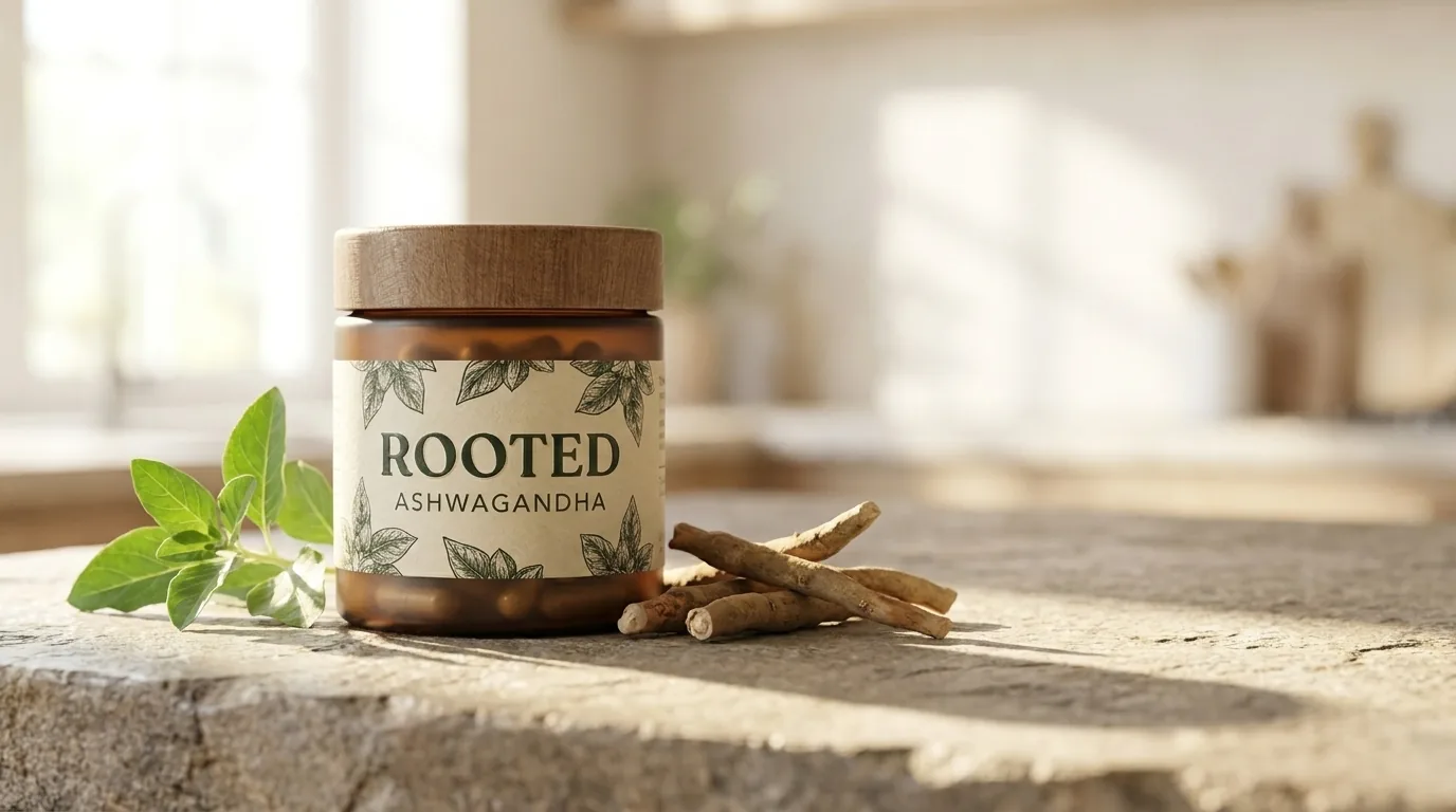 ROOTED Ashwagandha on a sunlit counter