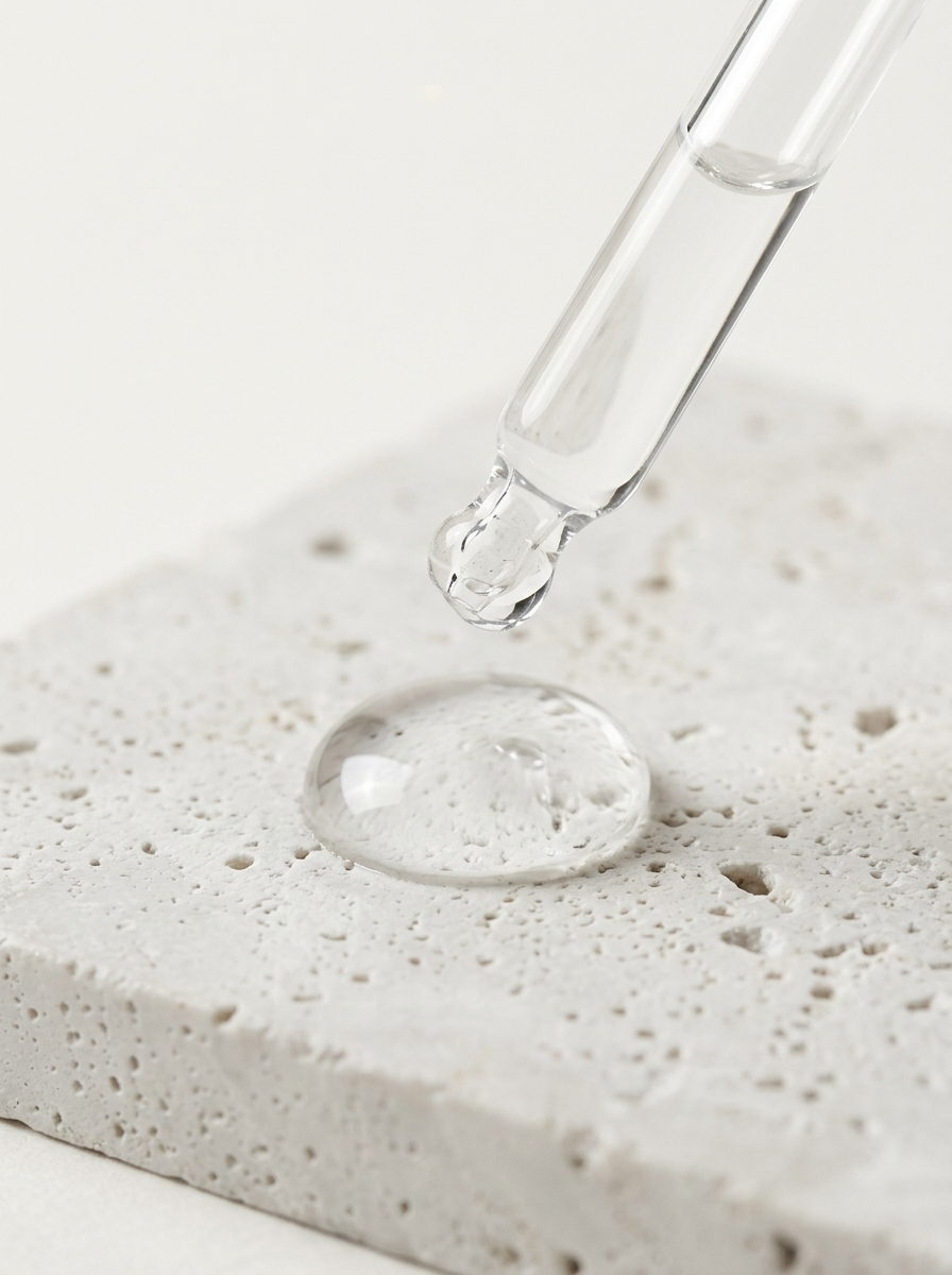 Demo macro photograph of a bead of clear serum on stone
