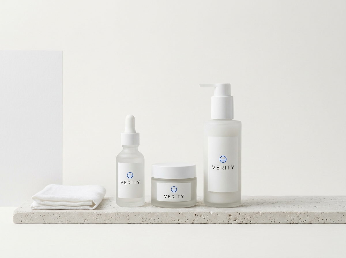 Demo photograph of a bathroom shelf with three bottles evenly spaced